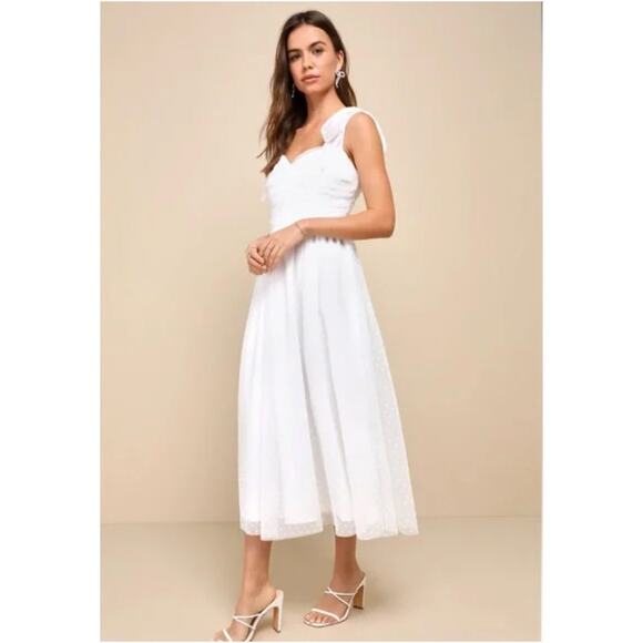 Lulus White Tulle Heart Dot Tie-Strap Luxe and Lovestruck Midi Dress Size S - Picture 9 of 10